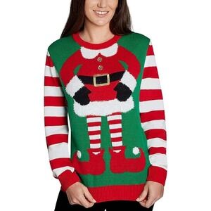 To Be Jolly Elf Christmas Sweater L Striped Ugly‎ Holiday Knit Santa Claus Mrs